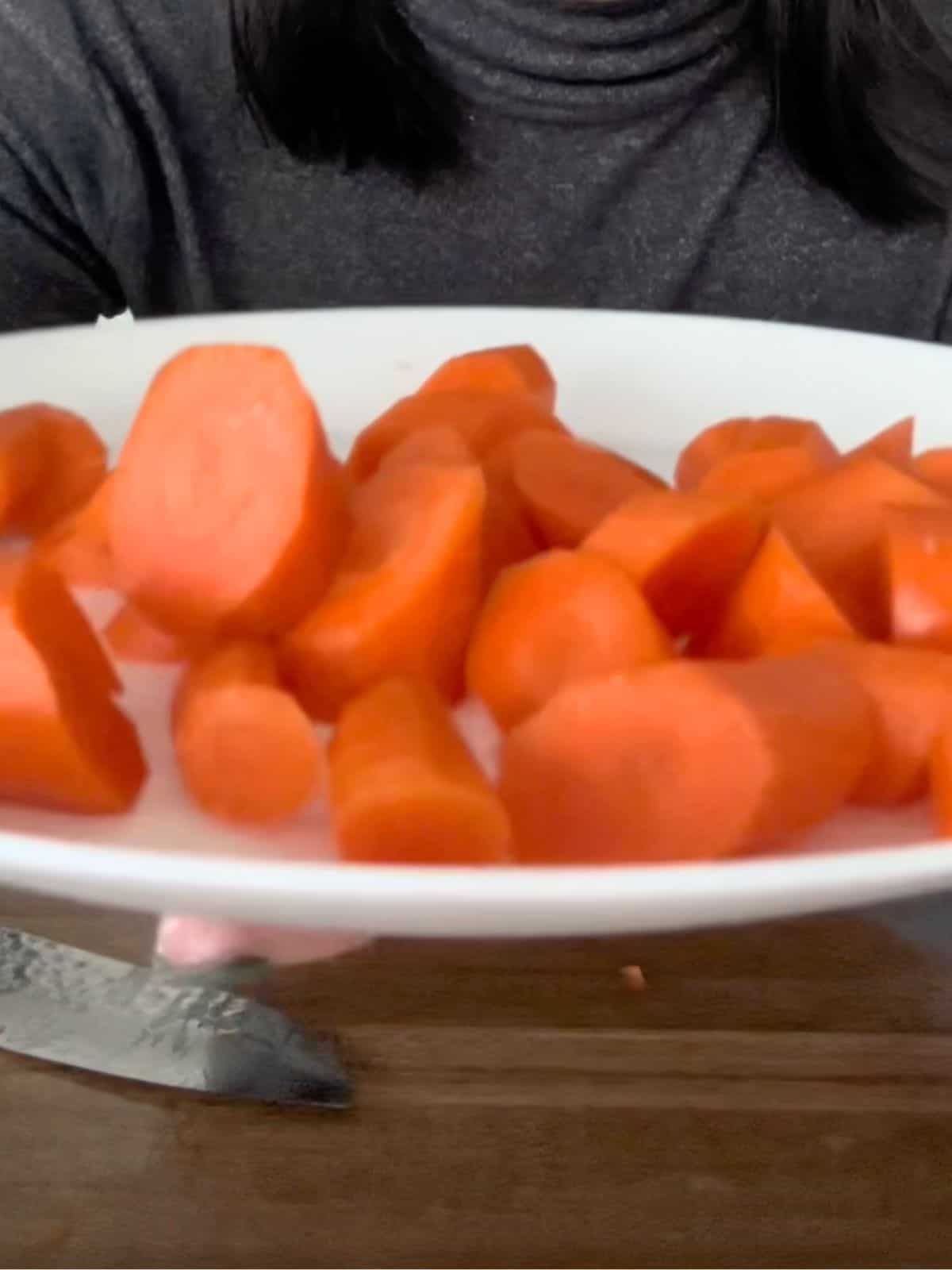 Sliced carrots on a plate for the Japanese beef curry.
