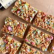 Fish sauce rice krispy treats cut into rectangles on a parchment paper.