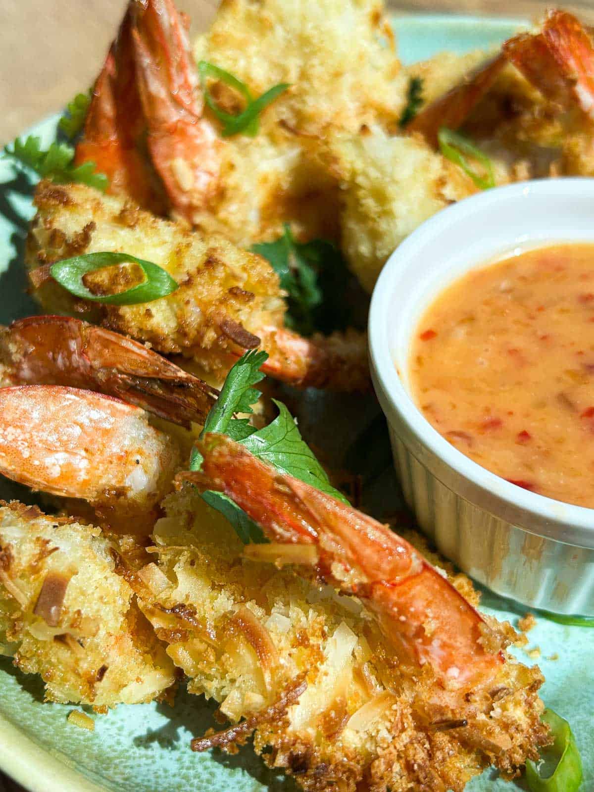 Zoomed in shot of coconut shrimp.