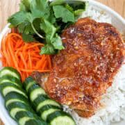 Close up shot of crispy fish sauce chicken with rice and vegetables.