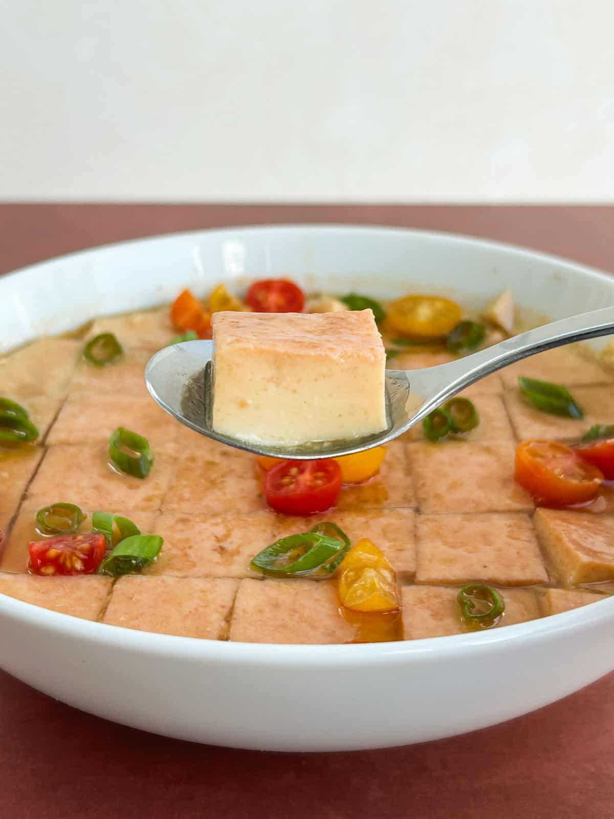 Side profile shot of steamed egg cut into cubes on a spoon.