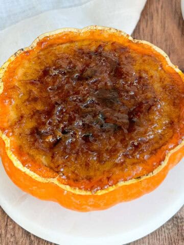 Side shot of bruleed pumpkin tofu mousse.