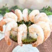 Close up shot of shrimp cocktail hanging around the rim of a coupe glass with dipping sauce inside.