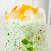 Side shot of che Thai chia pudding in a cup.