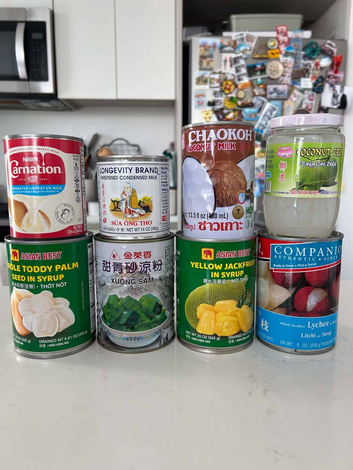 Shot of all the cans of fruit and ingredients.