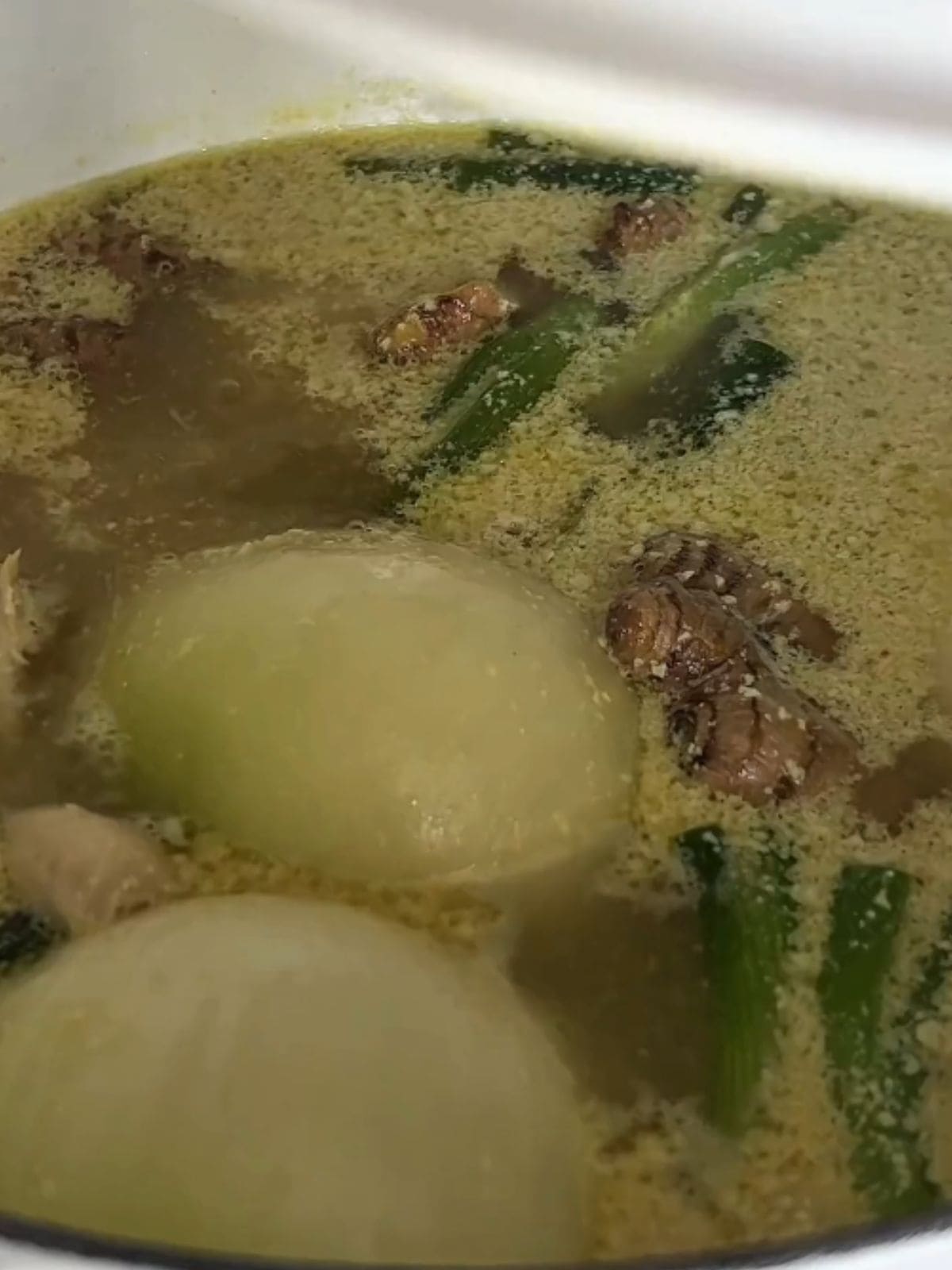 Overhead shot of chicken thighs simmering in a pot with broth, onion, ginger, and green onions.