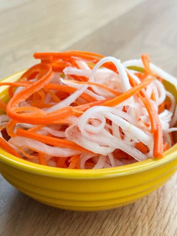 Close up of Vietnamese pickles in a bowl.