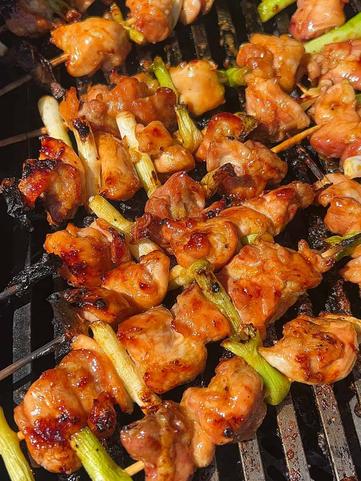 Chicken and scallion skewers caramelizing and charring on a gas grill as the fish sauce glaze bakes on.