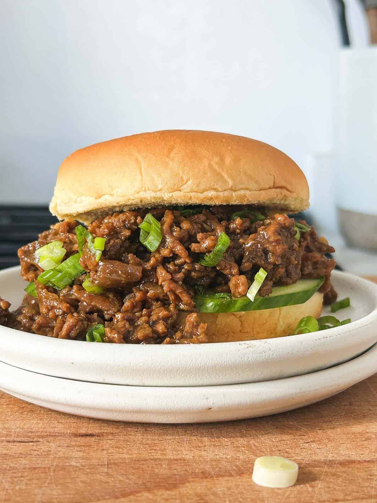 Vietnamese sloppy joe style sandwich with cucumber and scallions.