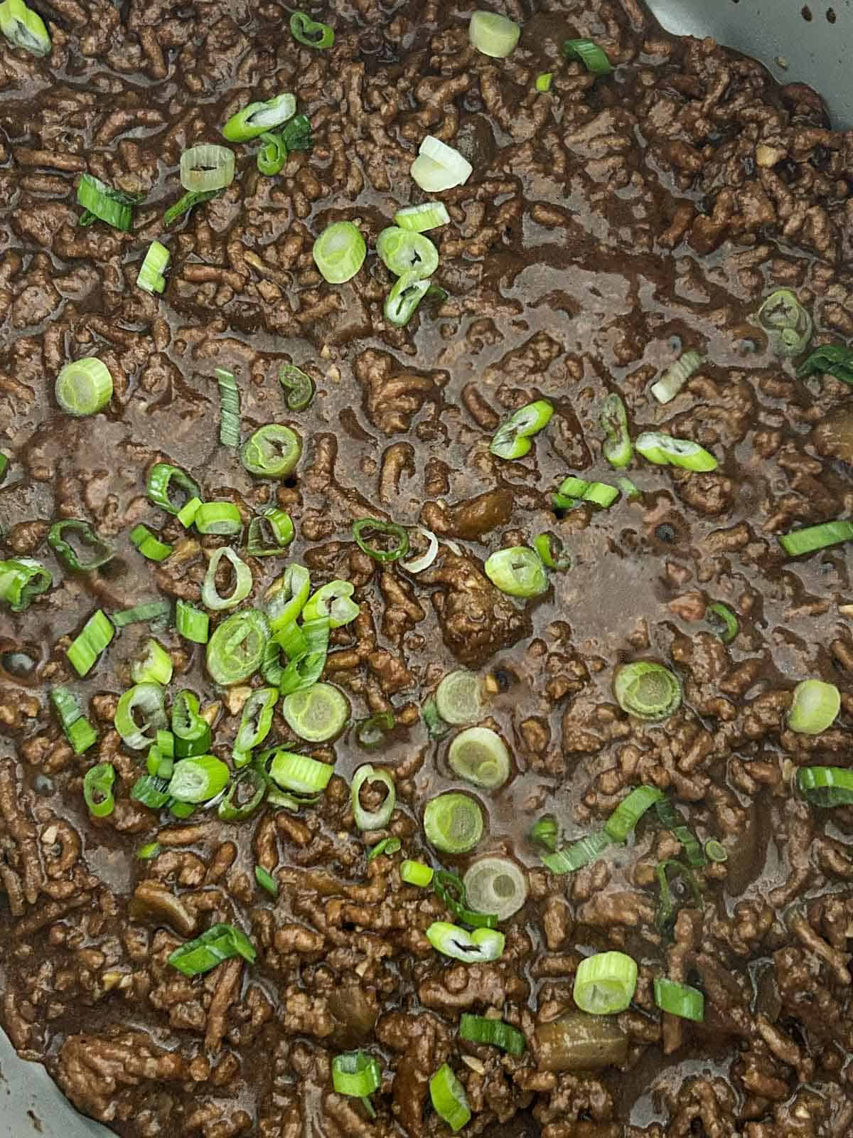 Finished Vietnamese caramelized ground beef topped with sliced scallions.