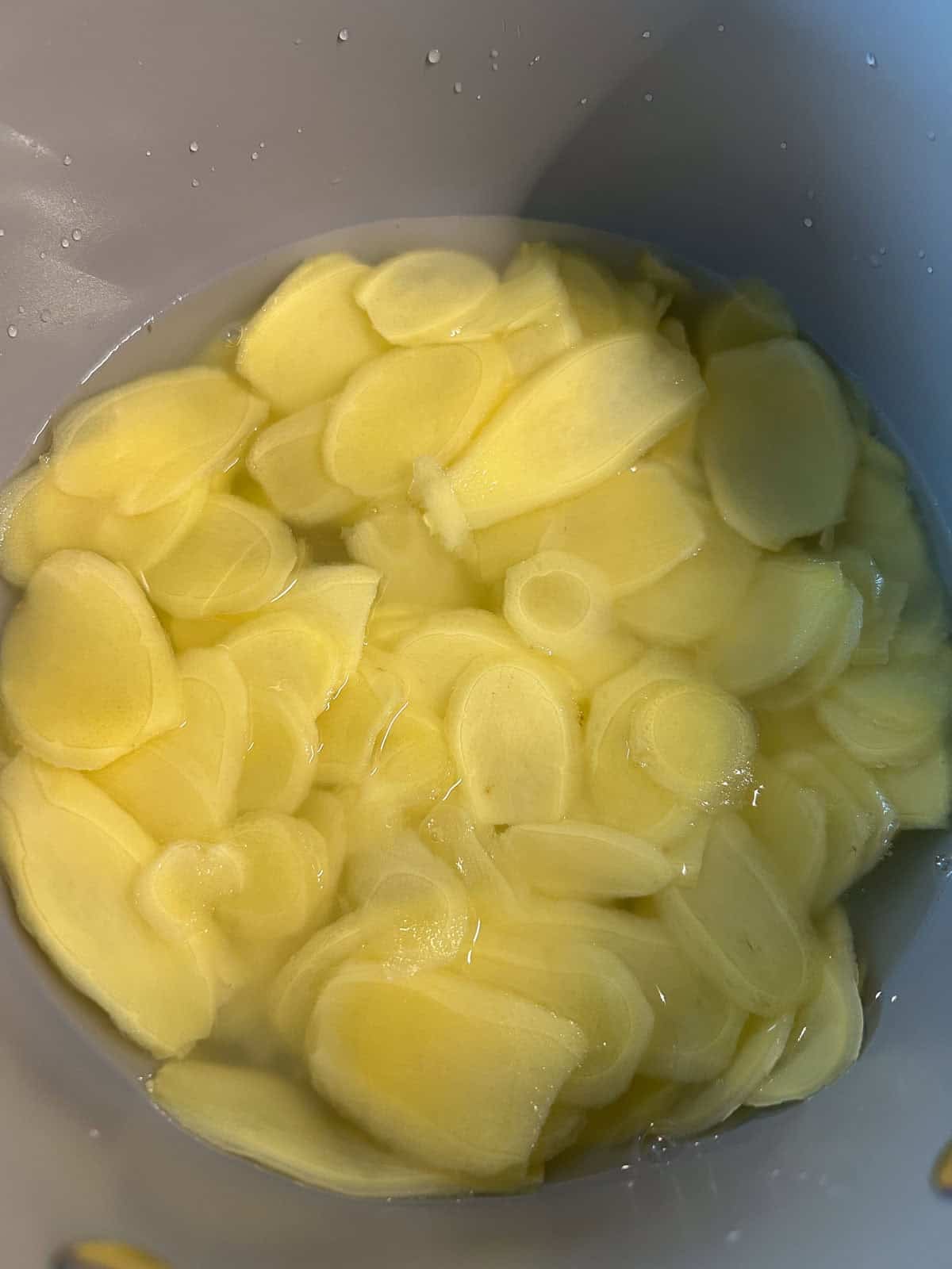 Thin ginger slices simmering in water in a pot.