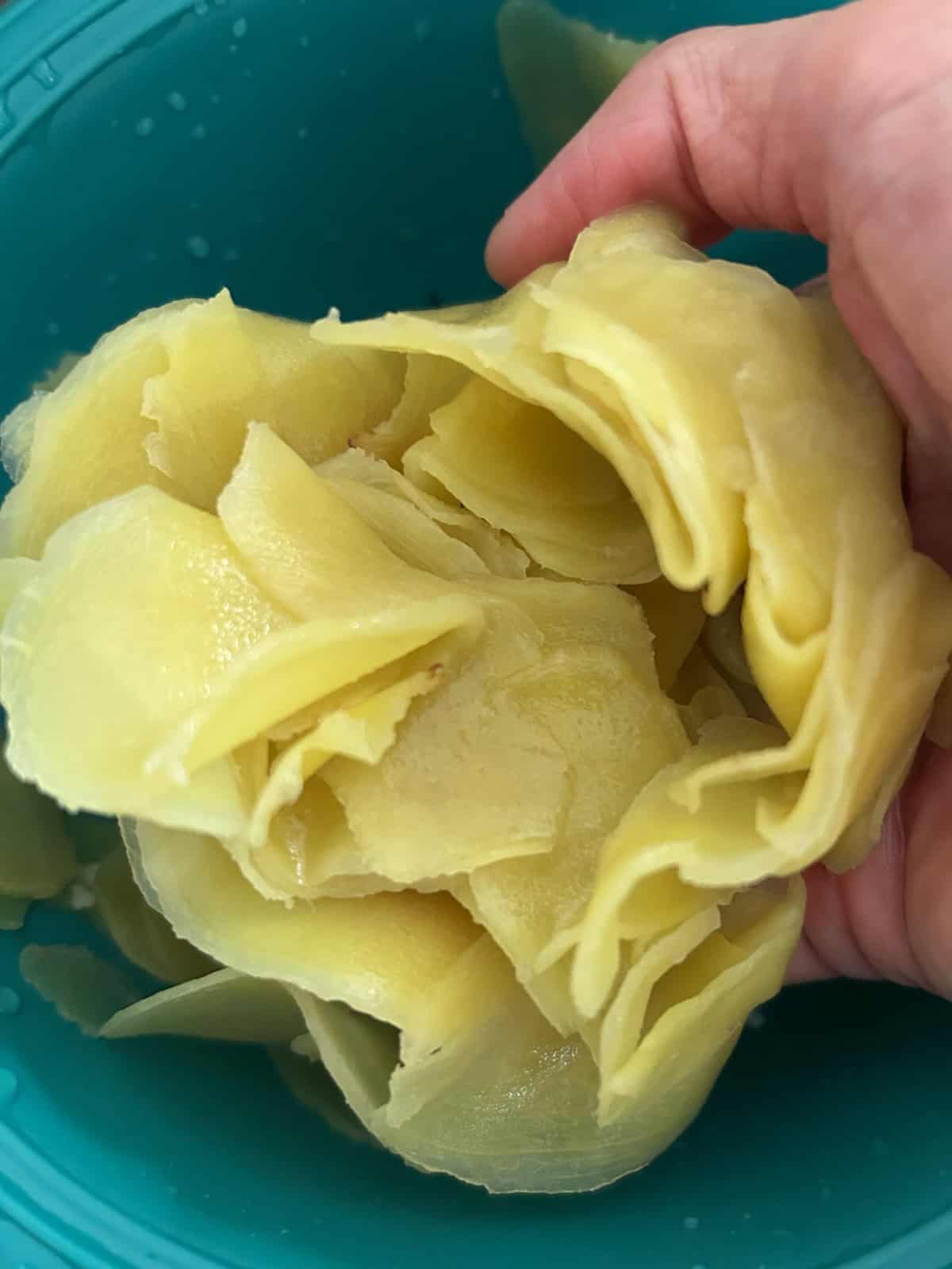 Hand squeezing blanched ginger slices over a sieve.
